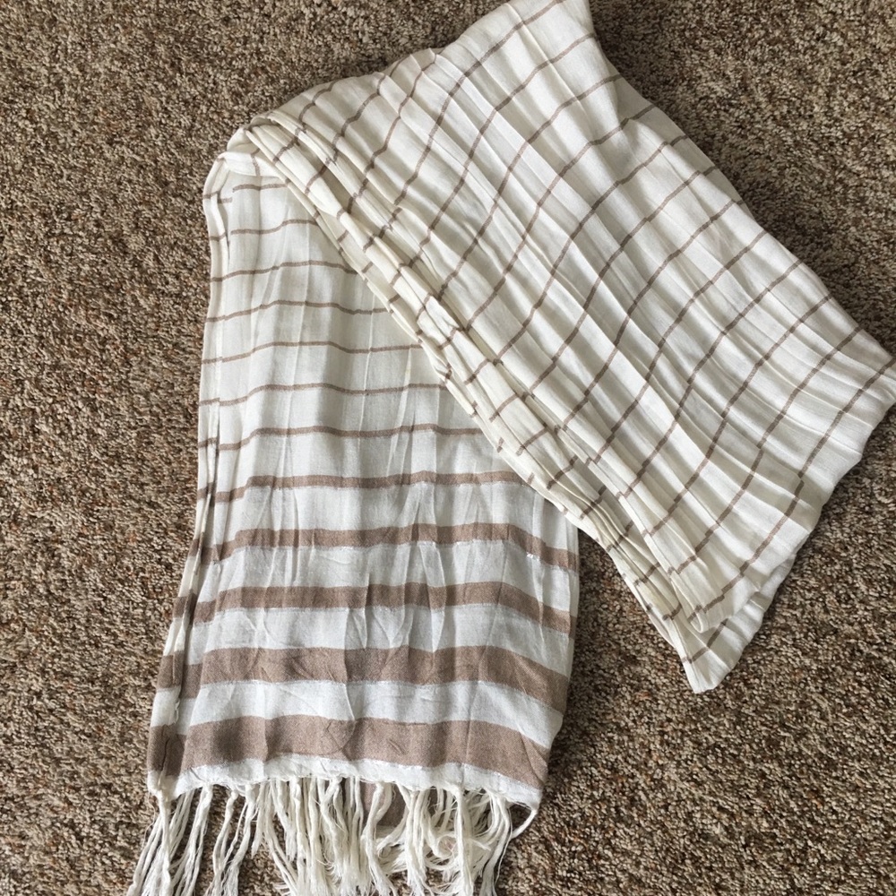 White Scarf with Stripes and Fringe Ends